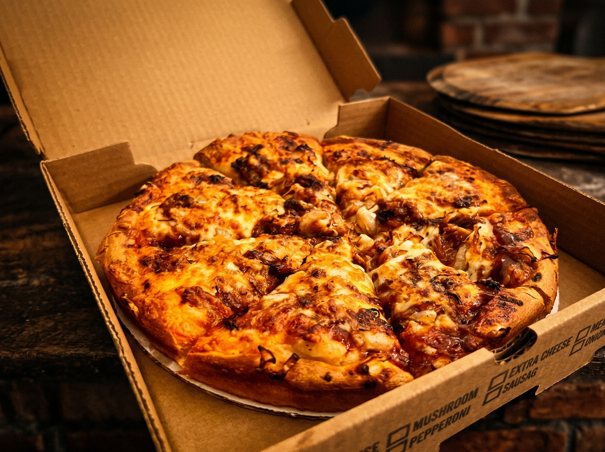 Oven-baked pan pizza topped with pepperoni and fresh basil